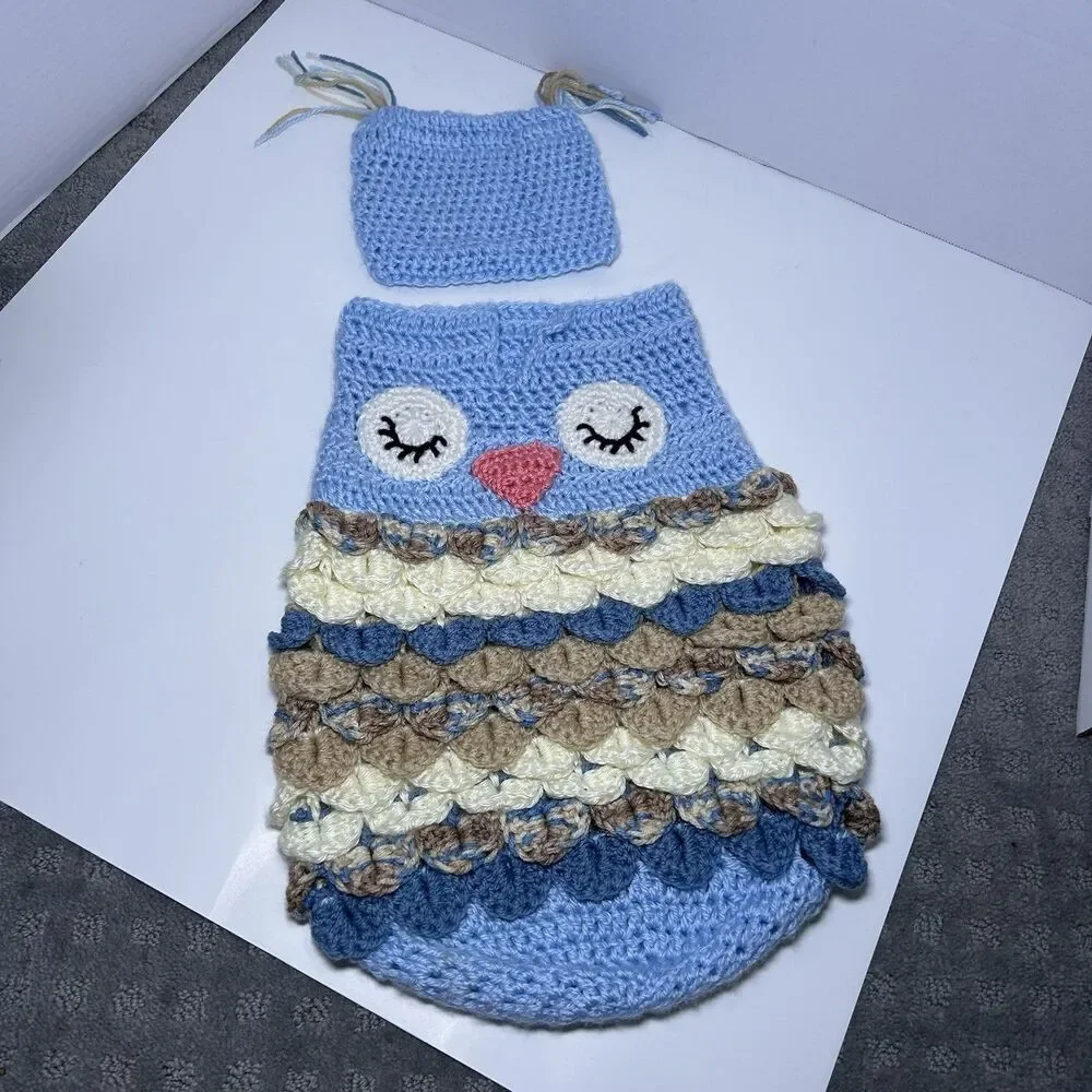 Newborn Crochet Owl Cocoon Outfit Set Blue Cream Brown Photo Prop Handmade